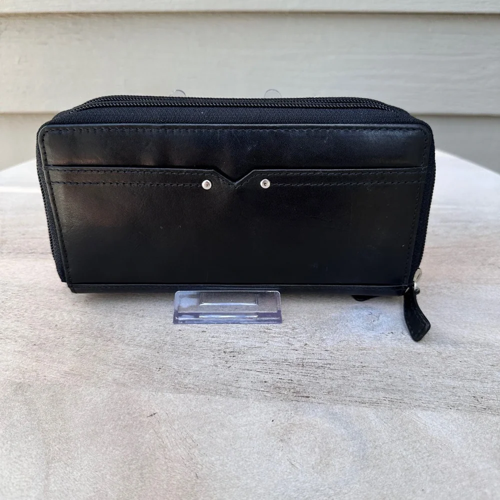 Mancini Black Leather Double Zip Around Accordion Clutch Wallet 7.5x4.25